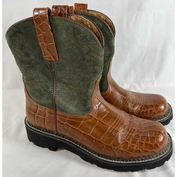Ariat Shoes - Ariat Fatbaby Cowboy Women's sz 9.5 Western Cowboy Brown Green Leather Boots~EUC